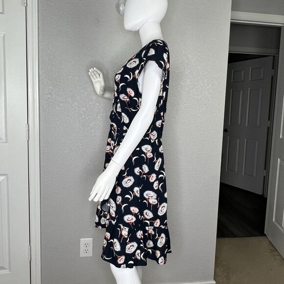 J Crew Size 14 Navy Blue Floral Print Ruffle Faux Wrap Dress Casual - Picture 3 of 7